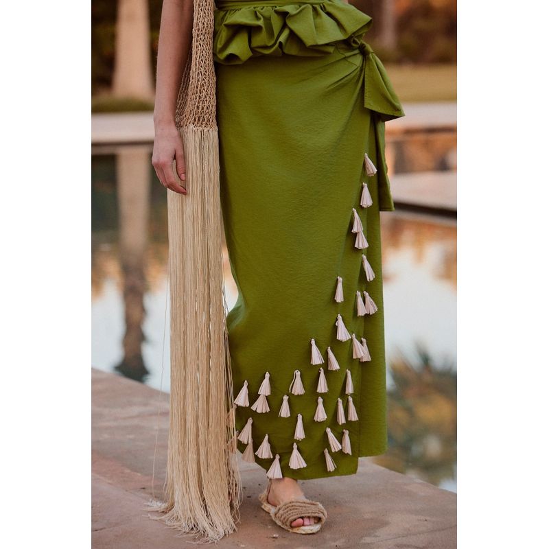 FALDA SAMOA BORLAS RAFIA HIGH OLIVE