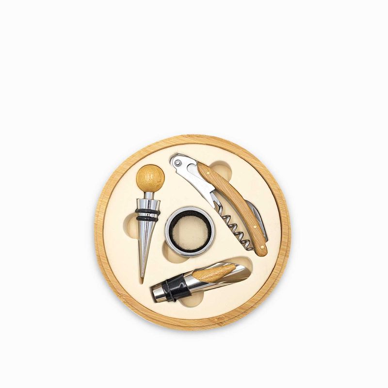 Kit vino caja bambú redonda set x4