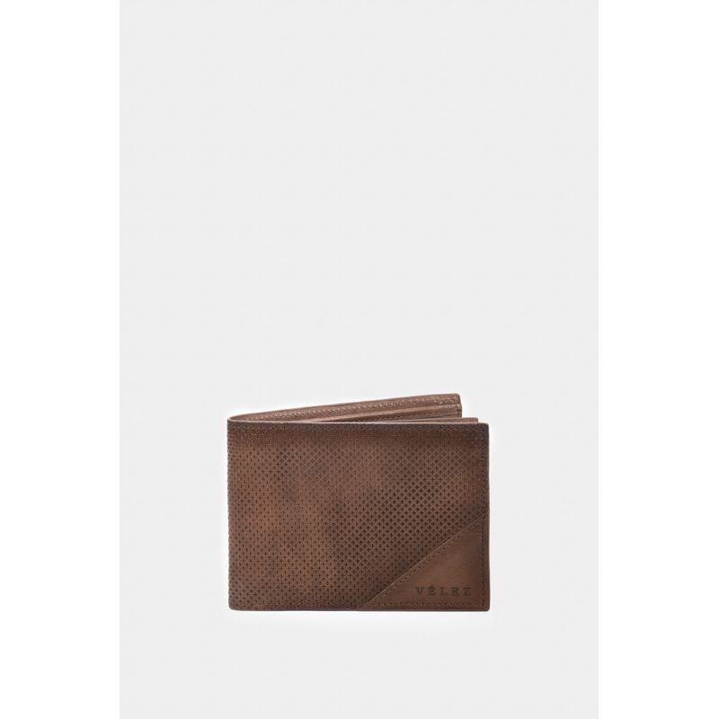 Billetera titus de cuero para hombre grabado cruces Cafe