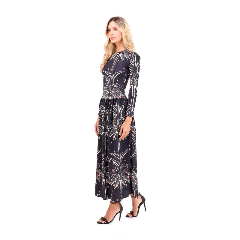 Vestido Largo Boheme Palmeras Negro