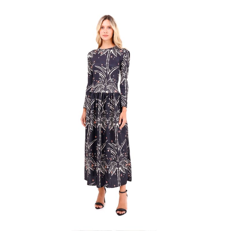 Vestido Largo Boheme Palmeras Negro