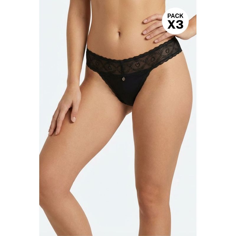 Panty brasilera elaborado en algodón y encaje paquete x3