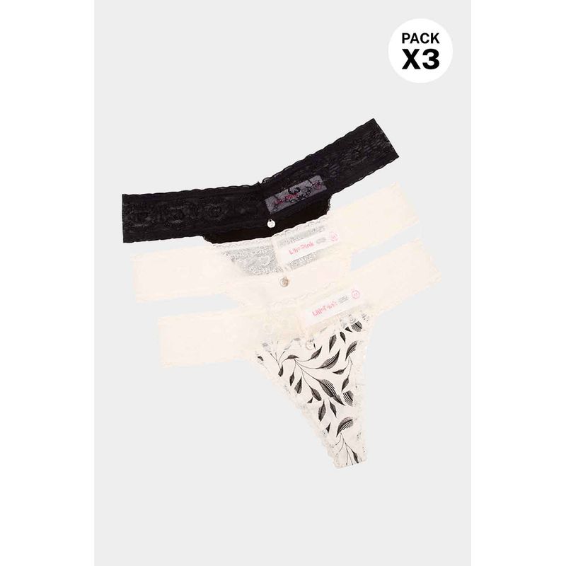 Panty brasilera elaborado en algodón y encaje paquete x3